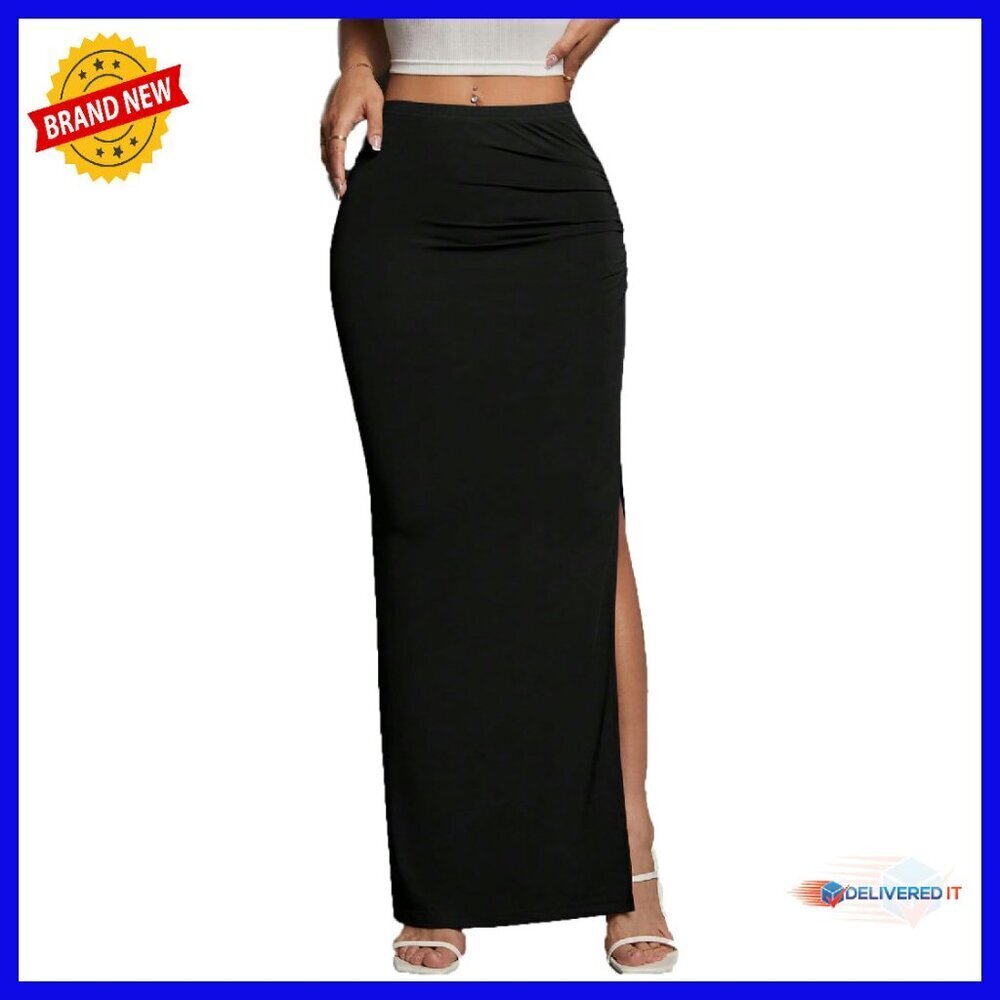Maxi Skirt Ruched Side Slit Bodycon Pencil Skirt High Waist